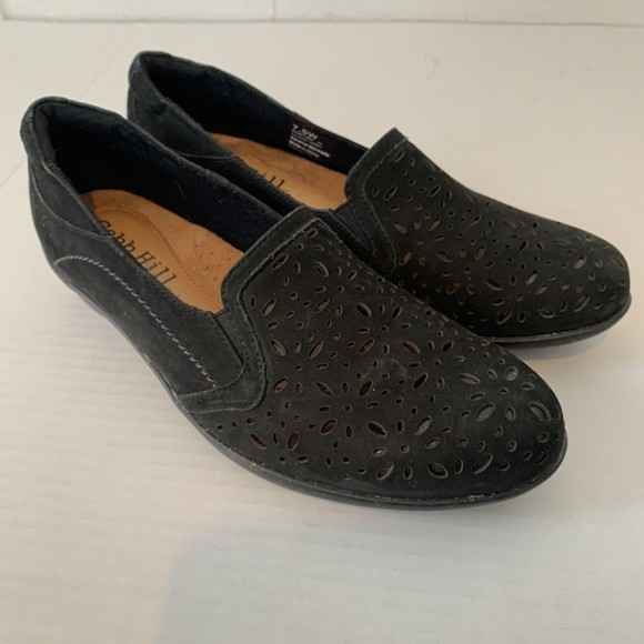 Cobb Hill Womens 7.5 Shoes Slip On Loafers Block Heel Black Laser Cut Suede - Picture 1 of 8